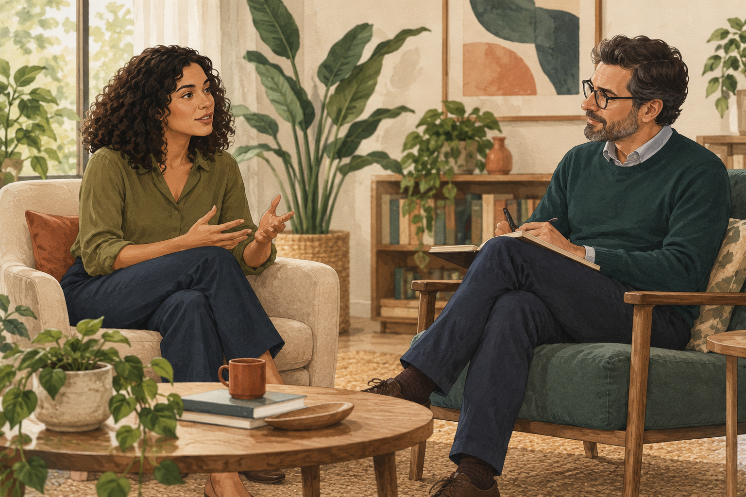 Ilustração de uma conversa colaborativa entre psicólogo e paciente